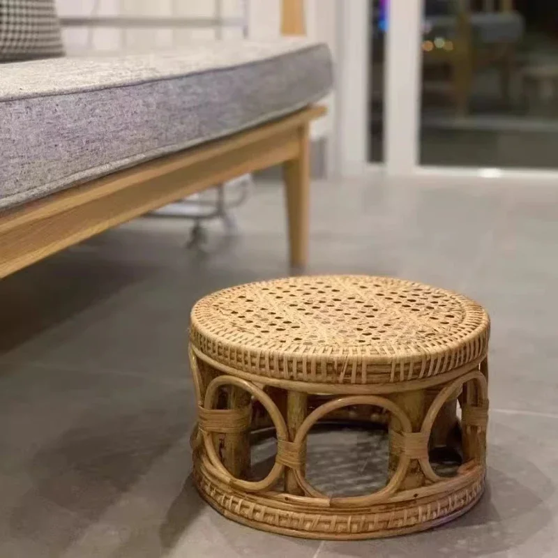 Handmade Rattan Footstool Sofa Side Step Stool Burmese Small Bench Living Room Decorative Stool Kids Shoe Stool