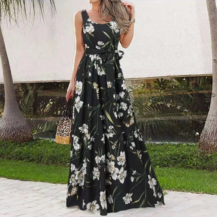 

Print Sleeveless Dress Women Floor Length Dresses Loose Sashes Spliced Vestidos Summer 2025 Square Collar Casual Basics