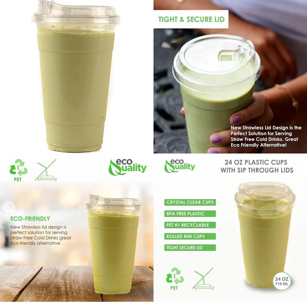 

24 oz Iced Coffee Cups with Sip-Through Lids - Cold Smoothie Go Cups, Clear Plastic Cups for Beverages