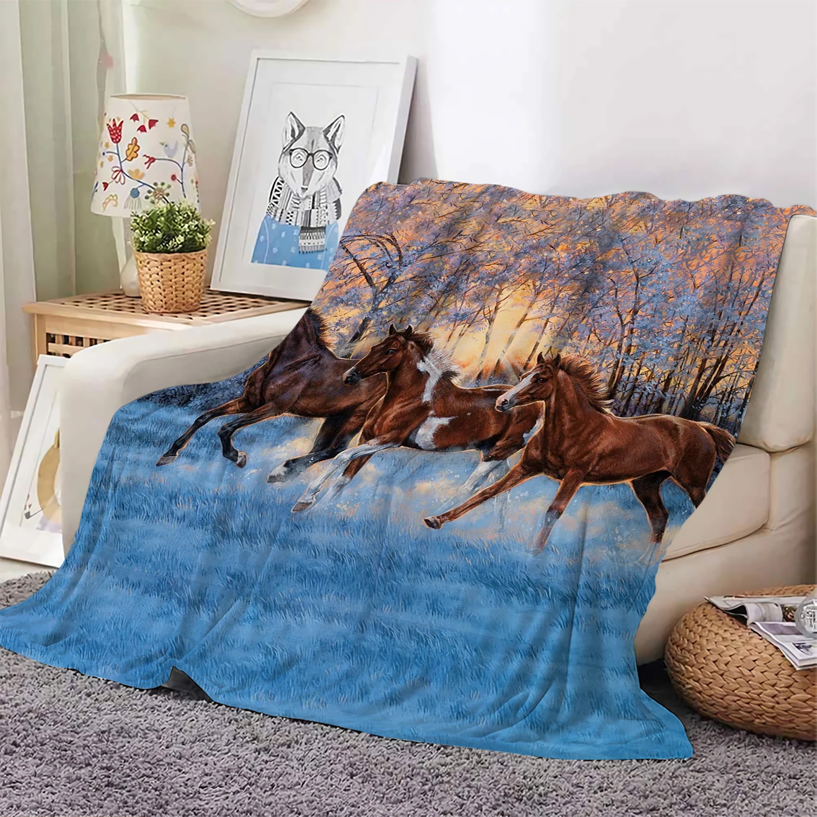 Horses Flannel Blankets Winter Forest Horse 3D Print Throw Blanket Office Nap Portable Quilts Baby Comfort Blanket Dropshipping