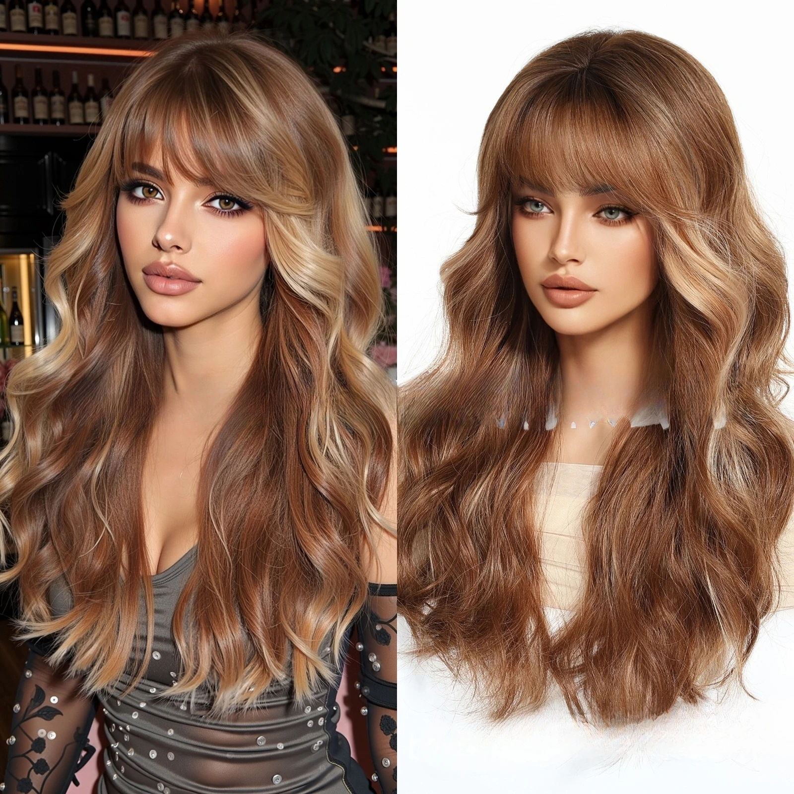 

Hot-selling wigs in Europe and America, Qi bangs, brown highlights, long curly hair, full head cover, chemical fiber female wigs