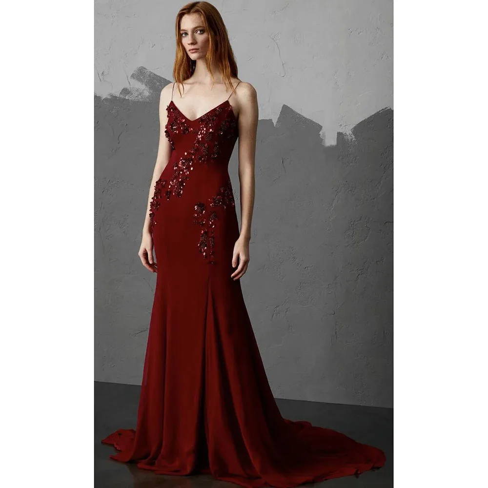 

Red Evening Dresses Women Spaghetti Strap Sleeveless Alliques High Quality Floor Length Banquet Celebrity Female Gowns Exquisite