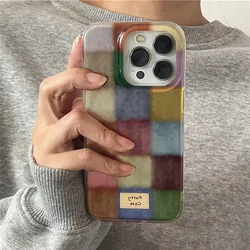 Ins Cute Dopamine Color Block Match Plaid Phone Case for Oppo Reno11 12 10 8 7 6 Z F T Pro 4G 5G Feather Texture Back Cover