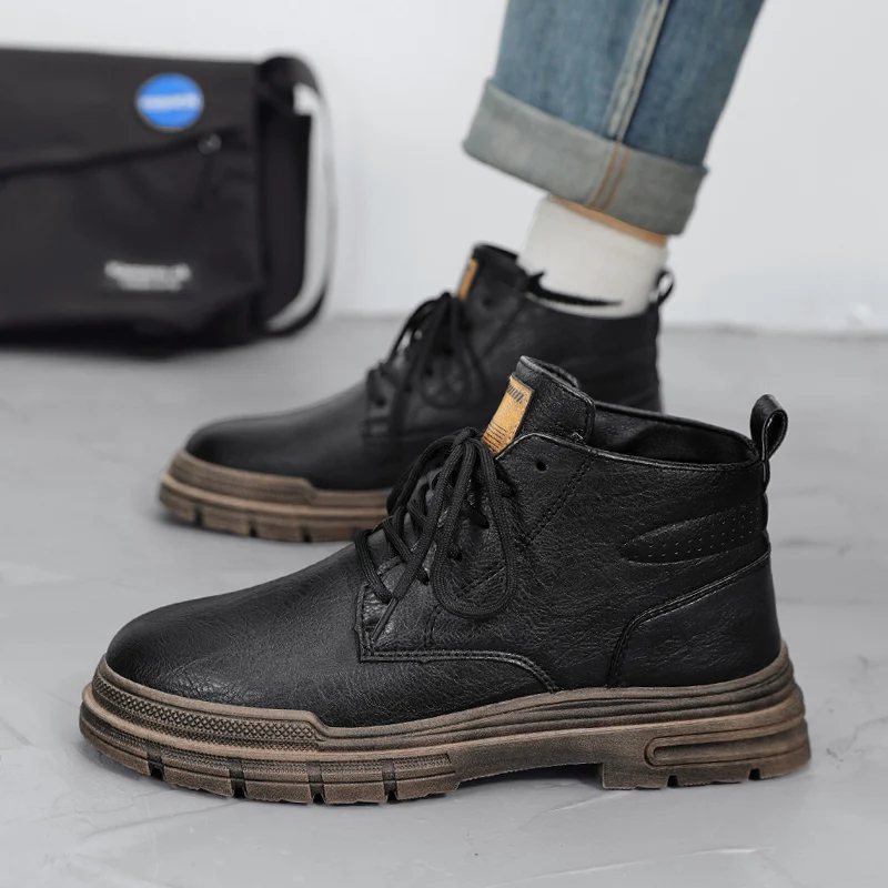 Autumn and Winter High Top Leather Shoes for Students Trendy Sports Leisure Leather Shoes, Flat Bottomed Non Slip Walking Shoes