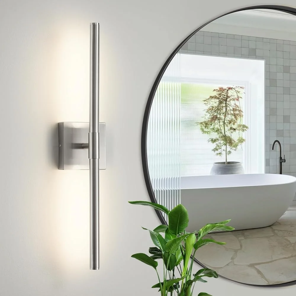 Modern LED Bathroom Vanity Light Dimmable 24 inch Sand Nickel Over Mirror Fixture Energy Saving 12W 4000K Rotatable Design