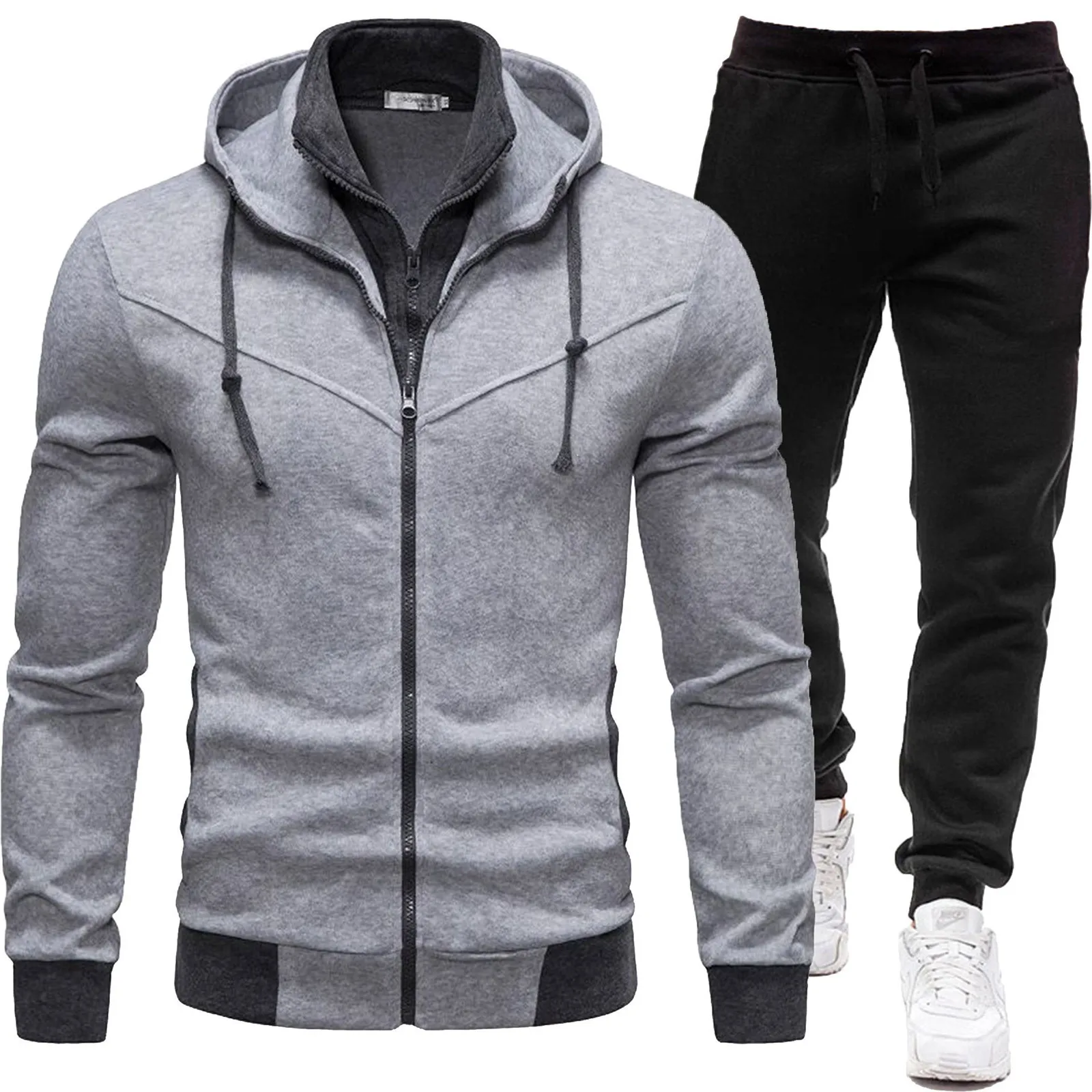 2024 Men\'s Casual Hoodies Tracksuit Set Long Sleeve Full Zip Hoodies And Sweatpants Set Running Jogging Fake Two Piece Hoodies