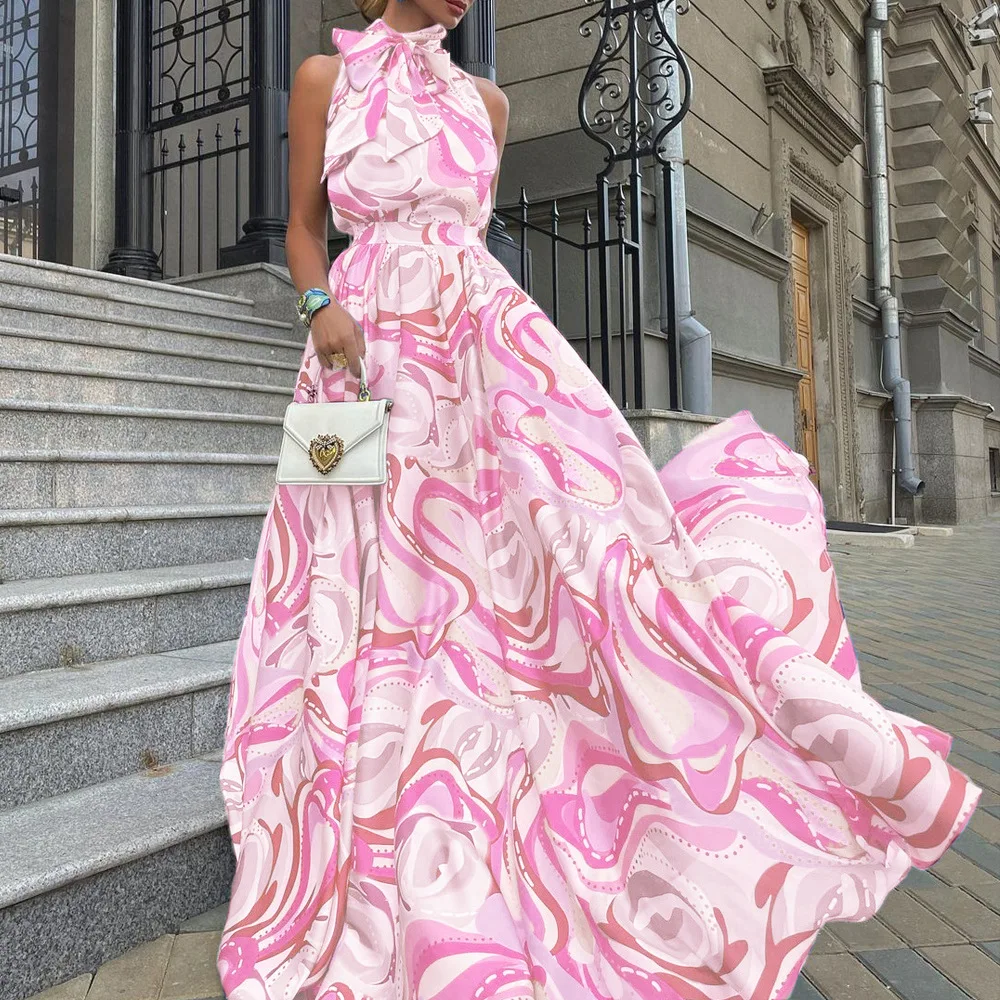 فستان نسائي مُزين بطباعة بدون أكمام فساتين على طراز بوهو فساتين نسائية طويلة متأرجحة كبيرة ملابس للعطلات نمط فيستدوس بارا موجر