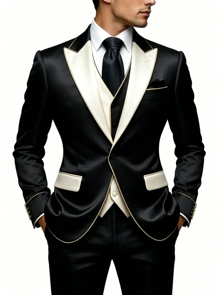 Mens Luxury Glossy Satin Black White Peak Lapel Suit Jacket Slim Fit Single Button Evening Groom Tuxedo