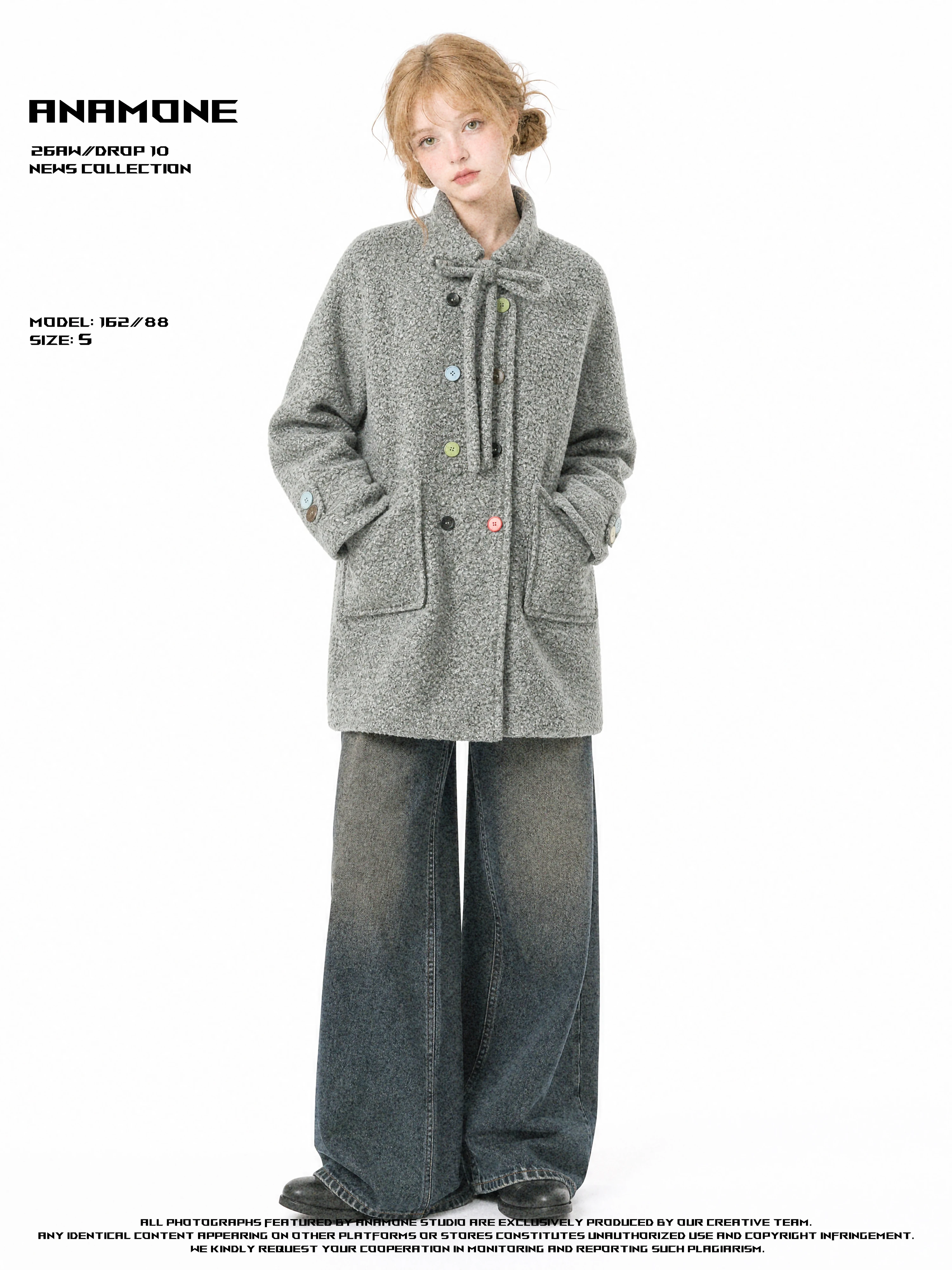 ANAMONE Japanese Style  Tie Dye Woolen Coat Women's Autumn Winter Vintage Medium Length Jacket without Collar