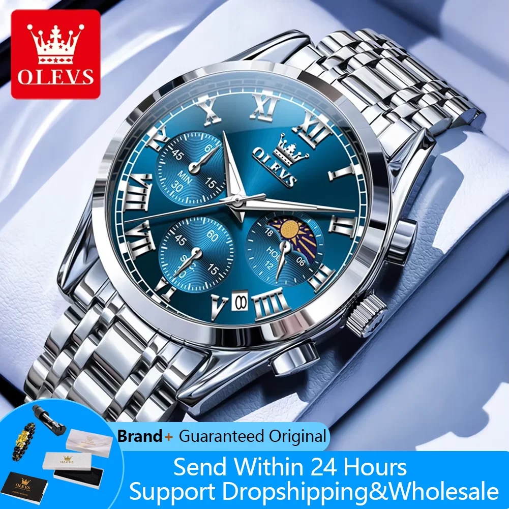 

OLEVS 2871 Men's Watches Solid Steel Strap Luxury Original Quartz Wrist Watches For Man Waterproof 24 Hrs Moon Phase Chronograph