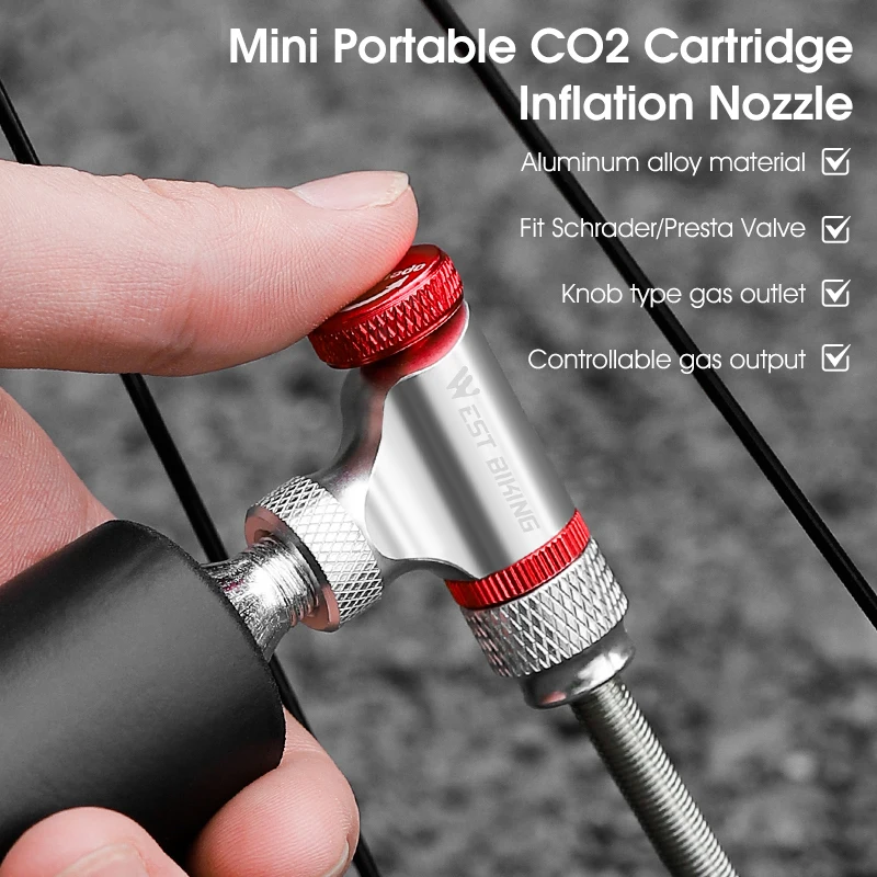 WEST BIKING Mini Portable Bicycle Pump CO2 Cartridge Inflation Nozzle Pump Schrader/Presta Bike Tire Inflator Cycling Accessory