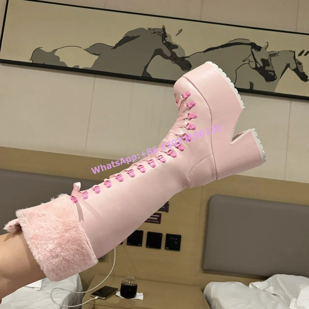 Pink Furry Boots Thick Soled Leather Ribbon Cross Tied Platform Winter Knee High Boots Customize Color Fashion Winter Warm Shoes