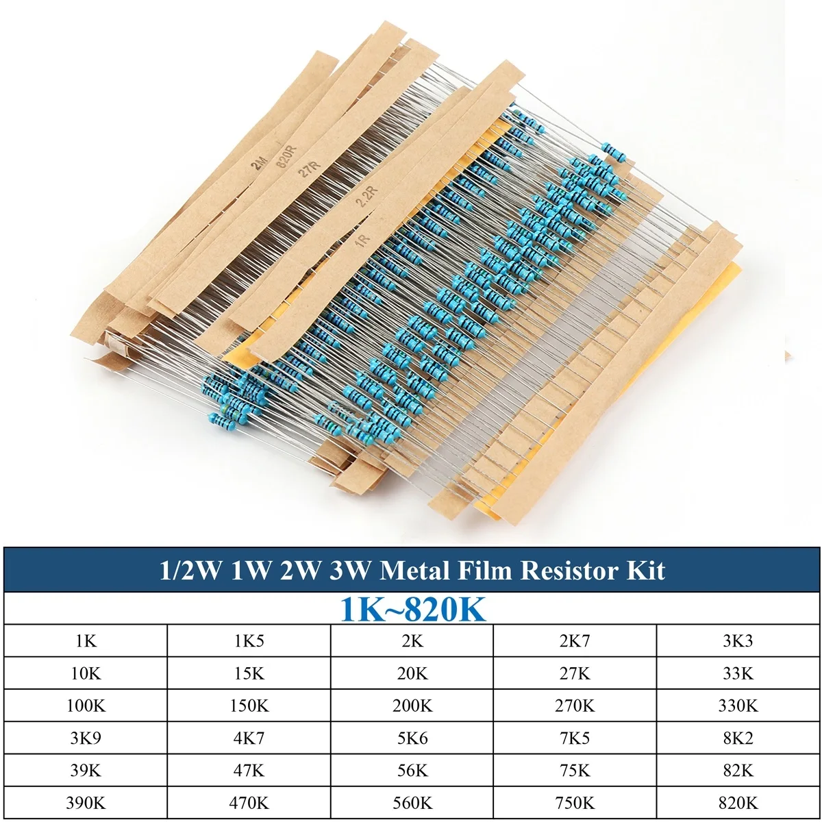 150/300/600Pcs Metal Film Resistor Kit 1/2W(0.5W) 1/4W(0.25W) 1W 2W 3W 30Value Color Ring Assortment Kit 5% 0.1~750R 1K~820K