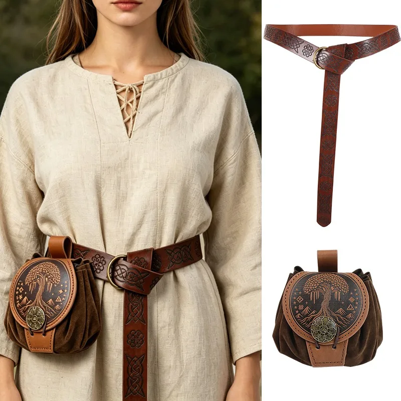 2pcs Medieval Viking Belt And Medieval Waist Pouch | Viking Vigor Vestil Drawstring Bag, for Dice, Coins And Jewelry Storage