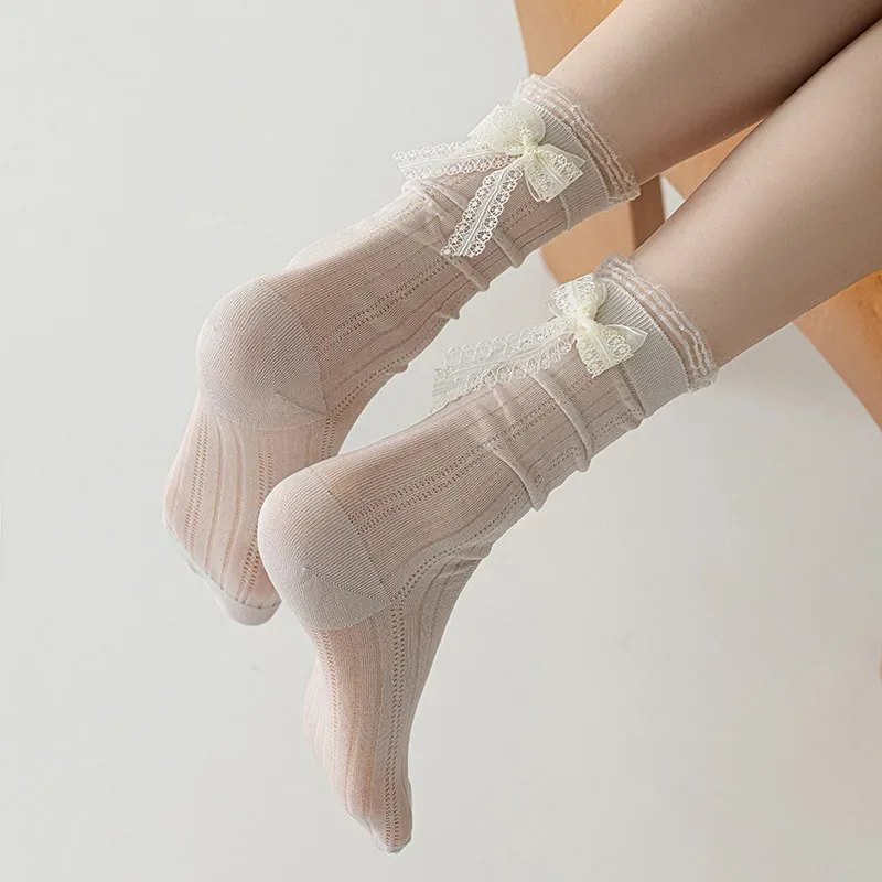 Modne skarpetki z falbankami, siateczką i kokardką, w stylu baletowym Lolita, do połowy łydki, damskie, oddychające, słodkie skarpetki, bielizna pończosznicza dla kobiet.