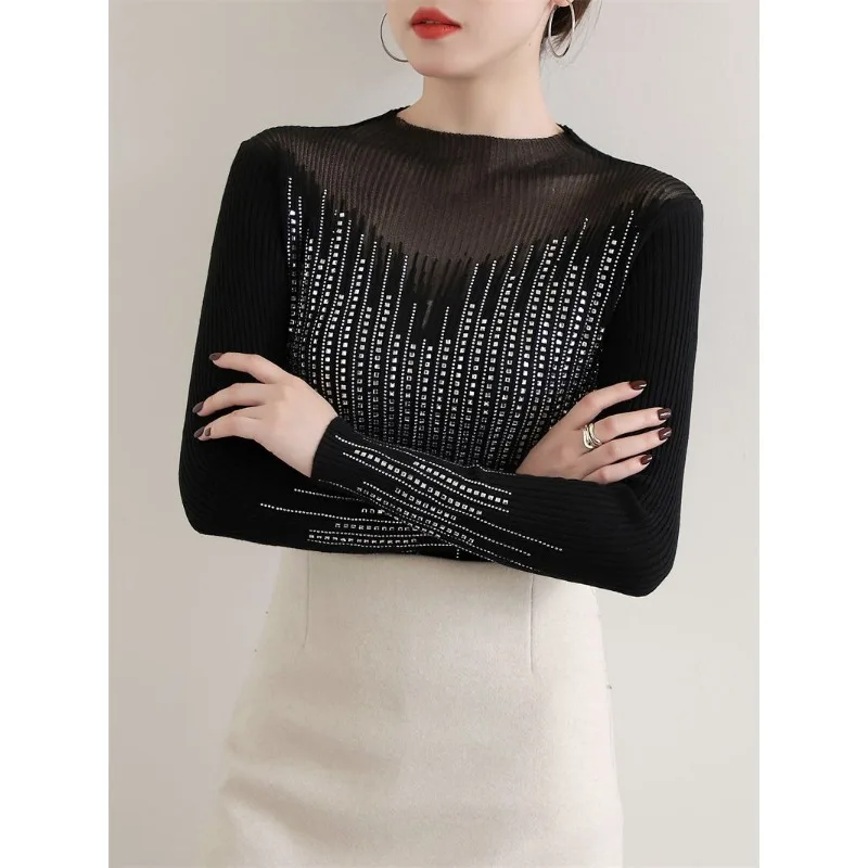 Maglione Hot Diamond Maglione a maniche lunghe cavo da donna Versatile camicia dimagrante con giunture in pizzo