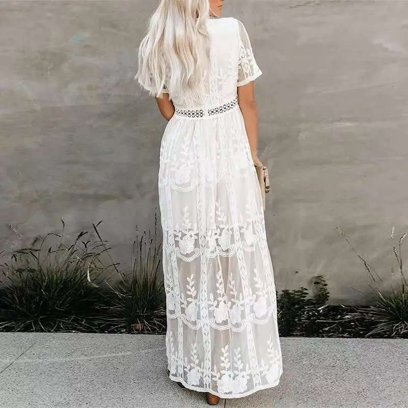 Women\'s Dress White Lace Hollow Out Cotton Sundress Lace Sleeveless Long Splicing Summer Party Elegant Evening Woman Clothes