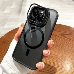 Funda de teléfono magnética a prueba de golpes para iPhone 15, 14, 13, 12, 11 Pro Max Plus, Funda trasera de protección de lente de vidrio con soporte de lujo