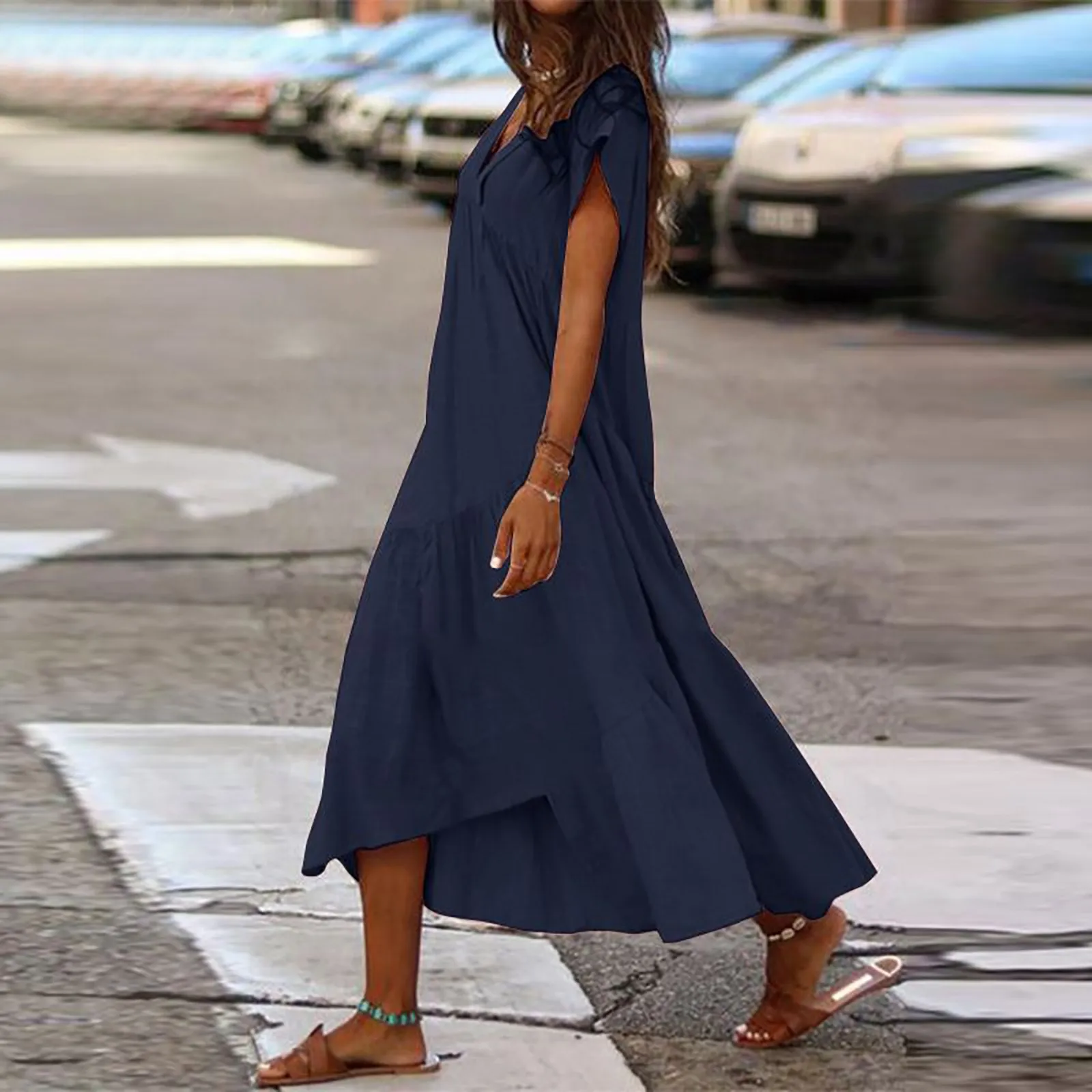 2024 Fashion Women\'s Summer Casual Loose Elegant V-neck Short sleeves Solid Strapless Dress Irregular Hem Maxi Female Dress