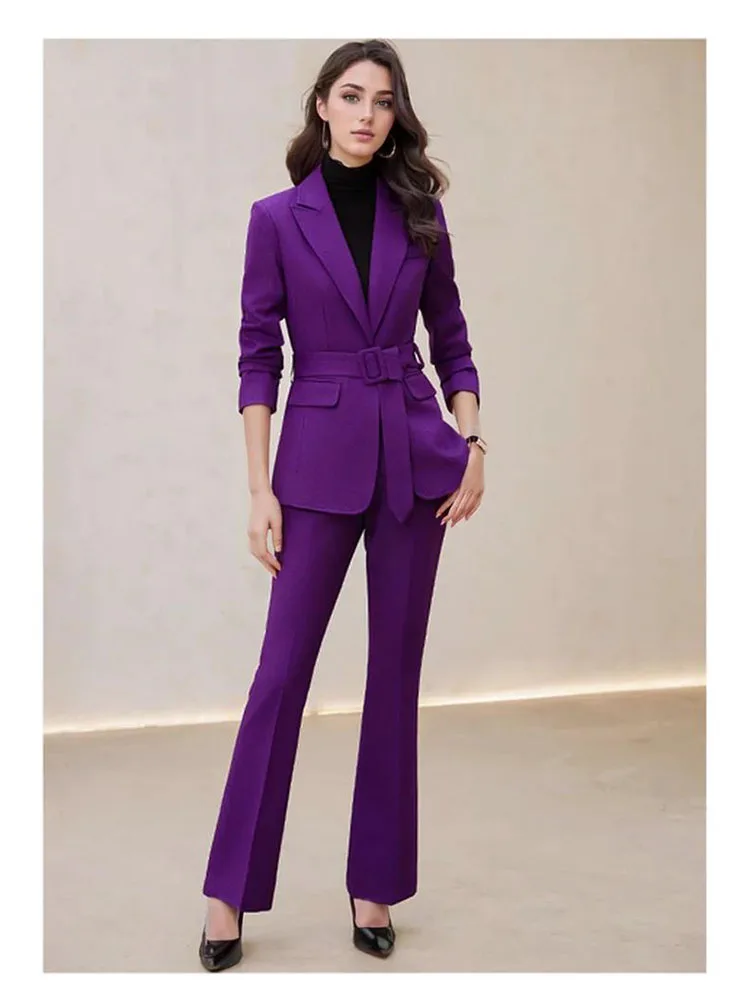 Elegant Fashion Lace Up Blazer Sets for Women 2 Pieces 2024 Autumn New Chic Casual Long Sleeves Flare Pant Female Clothing Suit