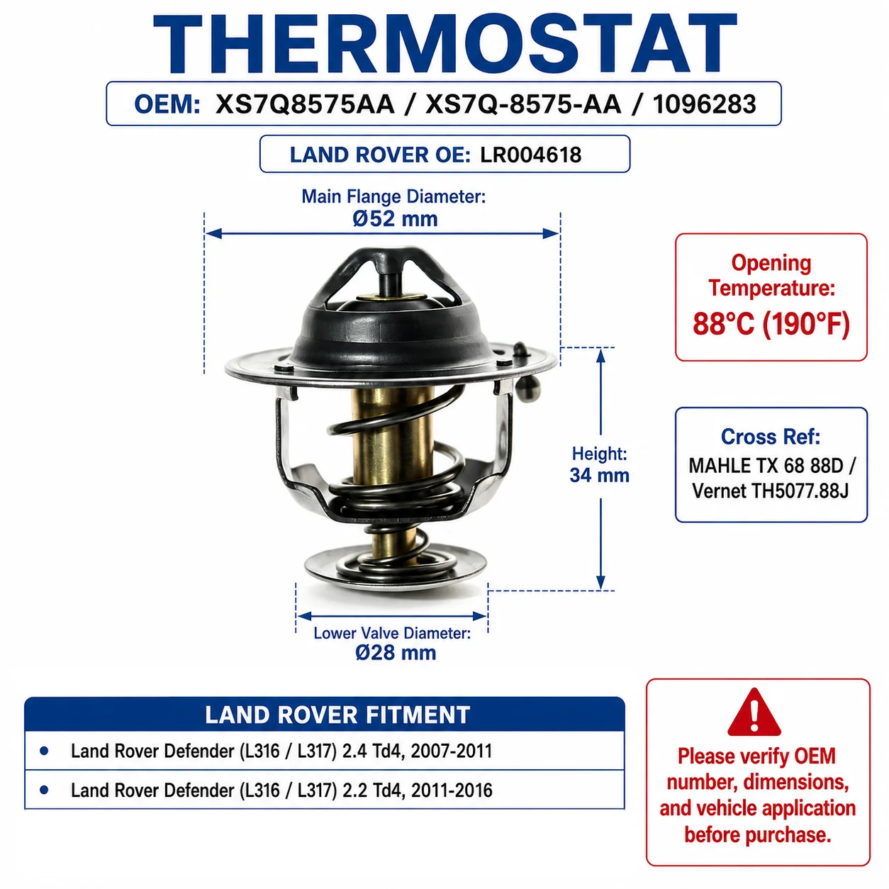 88°C Coolant Thermostat LR004618 For Land Rover Defender L316 L317 2.2 2.4 2007-2016 Diesel Jaguar X-Type 2.0 2003-2009 JDE1275