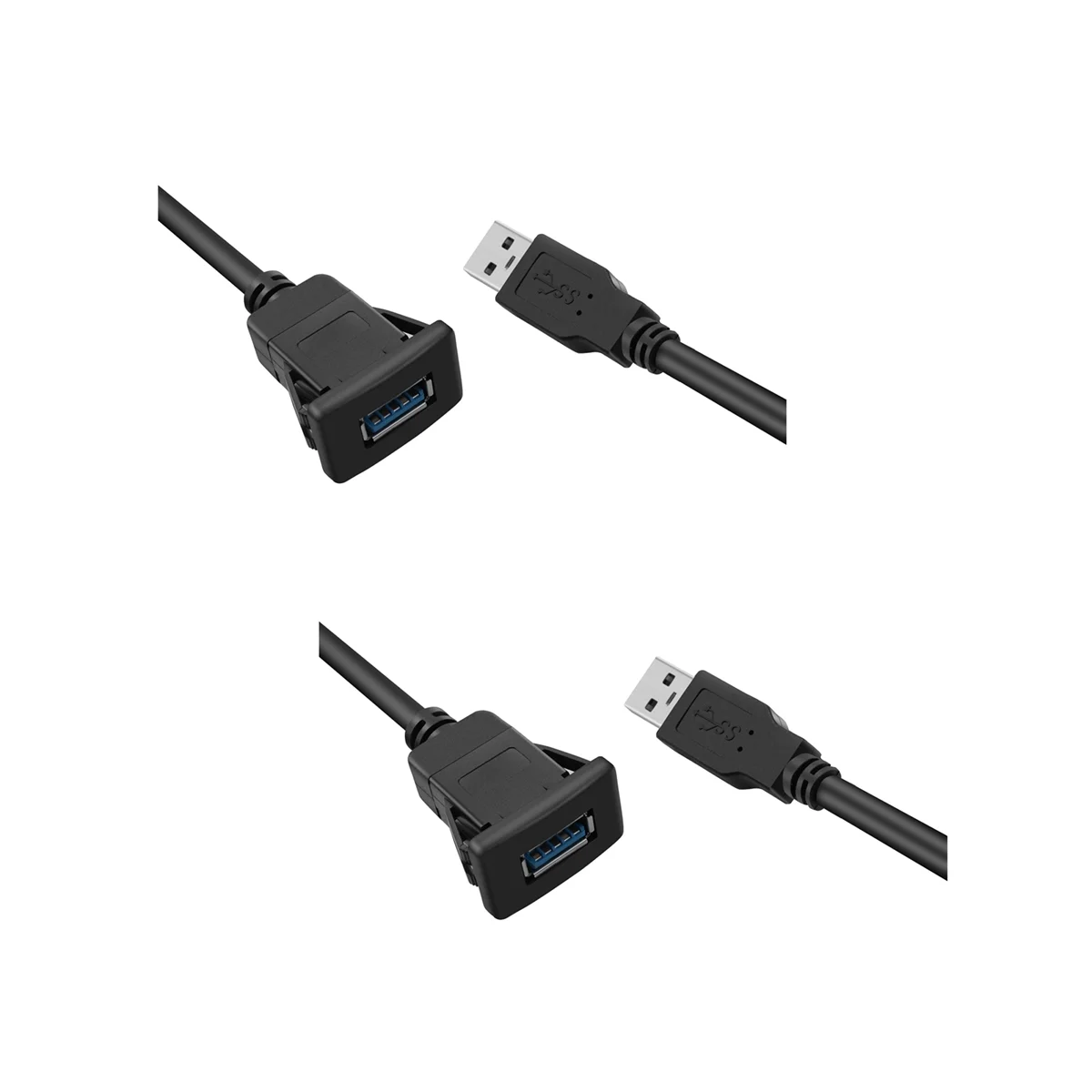 2 Pcs 1M Socket Cable USB 3.0 Auto Car Flush Mount Male to Female Extension Cord Dashboard Panel Square Audio Line