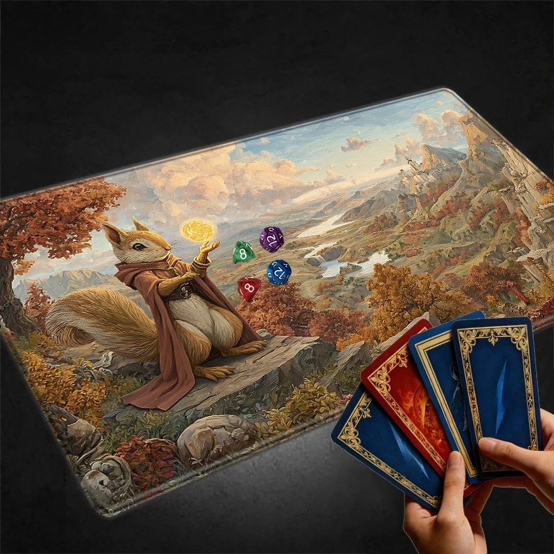 Fantasy Squirrel Mage Game Mat with Autumn Trees and Castle Patterns - Suitable for TCG/CCG Collectible Card Games