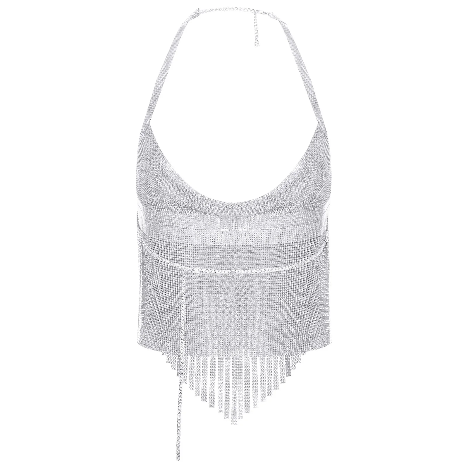 여성 패션 스팽글 캐미솔 핫 홀터 반짝 이는 메탈릭 Tassels 백 레스 크롭 탑 나이트 클럽 레이브 파티 뮤지컬 축제