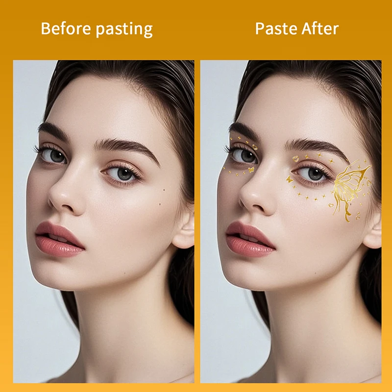 ملصقات على شكل فراشة لامعة وشم للوجه وشم ذهبي مؤقت معدني شارات مكياج مقاومة للماء لمهرجانات حفلات الفتيات