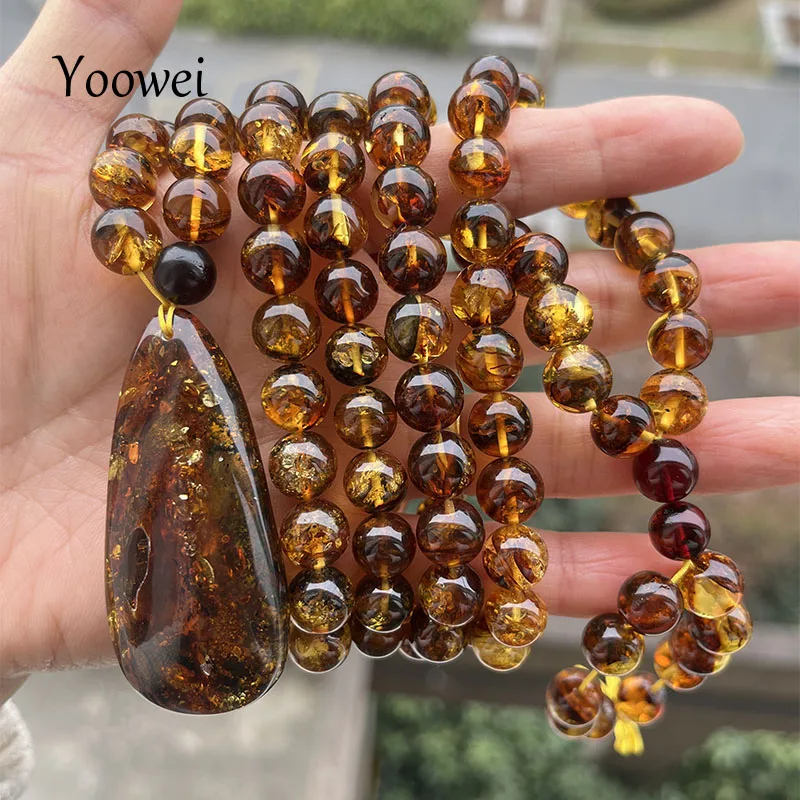 9.5mm 69.5g Big Amber Floral Pendant Necklace Baltic Original Unique Flower Beads Natural Stone Fashion Women Romantic Jewelry