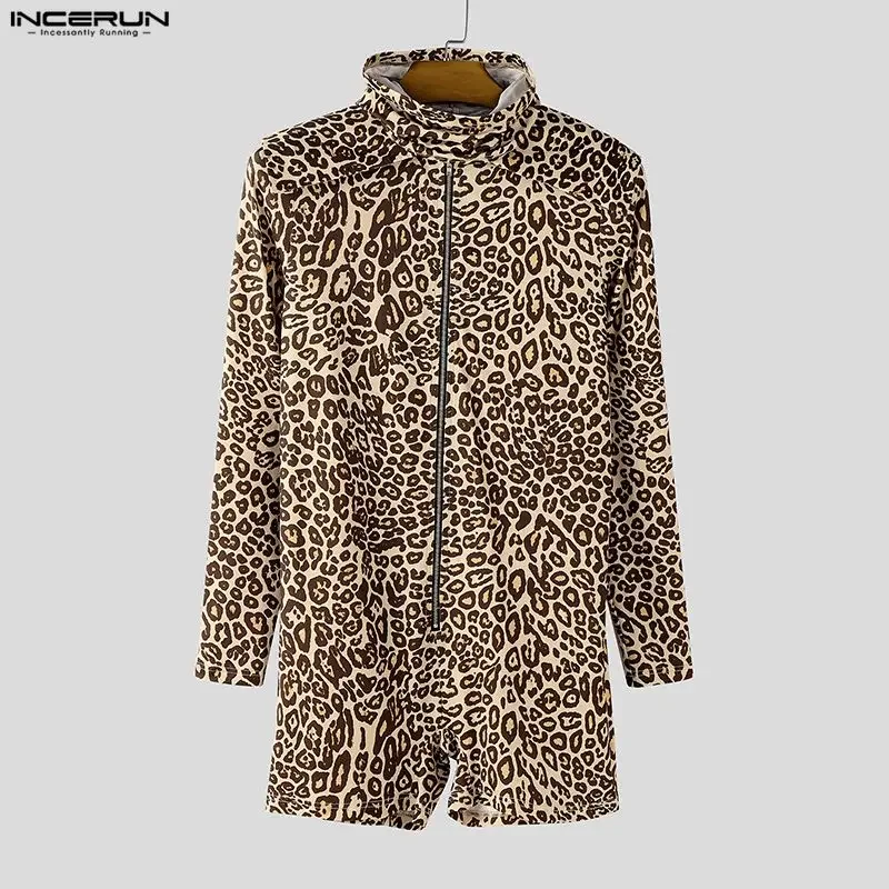 

Мужские боди INCERUN с леопардовым принтом, воротником-стойкой, длинным рукавом, комбинезоны, уличная одежда, облегающий модный боди на молнии