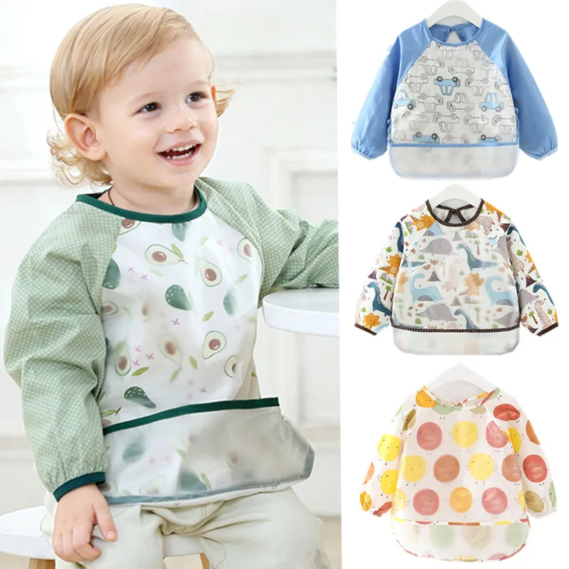 Baby Aprons Bibs Waterproof Long Sleeve Fruit Boys Girls Bibs Kids Burp Cloth Feeding Bib with Pocket Child S/M/L Apron Smock