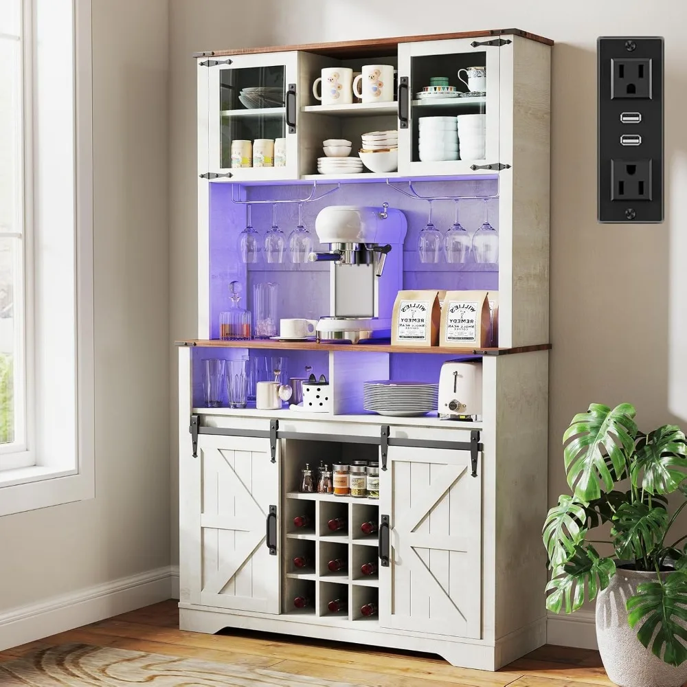 

Farmhouse Coffee Bar Cabinet with Sliding Barn Door, 70 Tall Kitchen Hutch China Cabinet w/Wine Rack, Power Outlet & Lighting, L