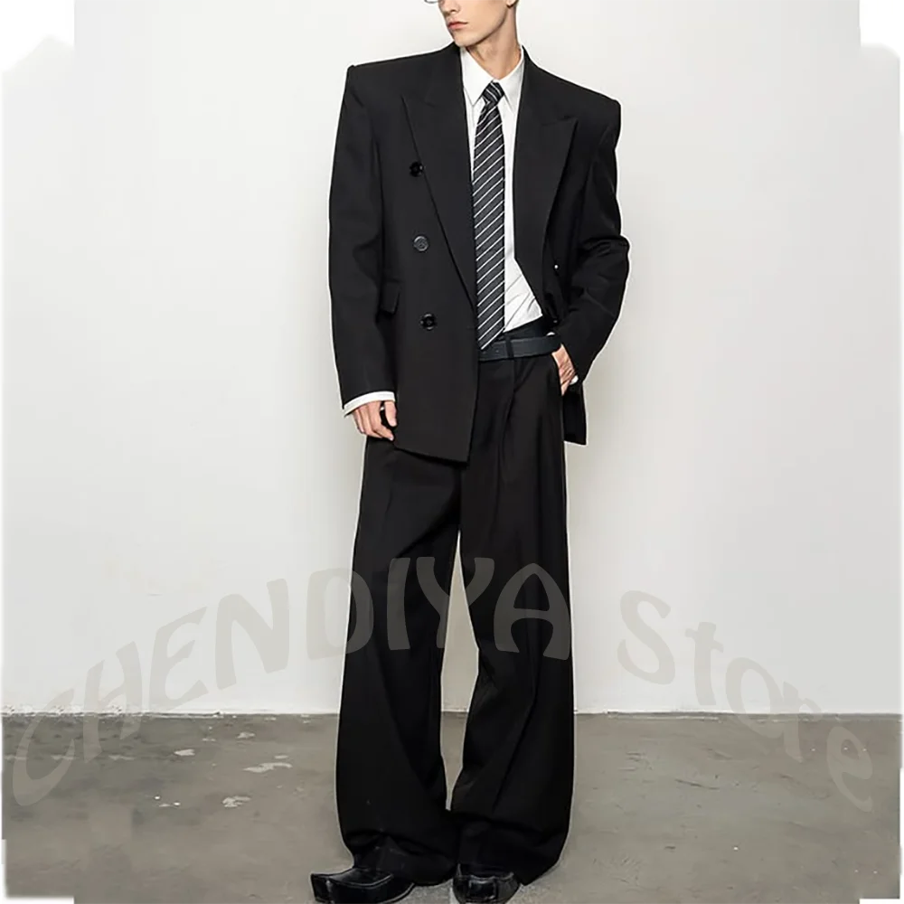 

Men Black Oversized 2 Pieces Suit Classic Double Breasted Blazer Wide Leg Pants Casual Party Prom Male Blazer Set Loose Fit