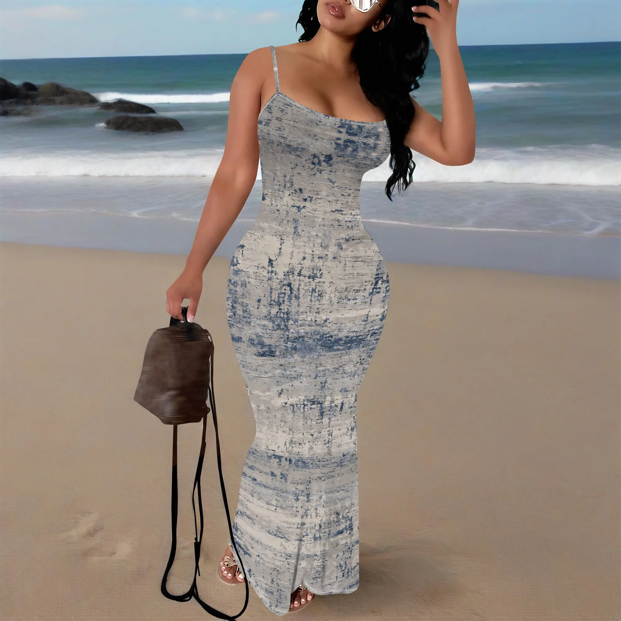 เดรสแม็กซี่เดรสพิมพ์ลายเนื้อด้อยสายสปาเก็ตตี้แขนกุดเข้ารูปพอดีชุดยาวลําลองฤดูร้อน