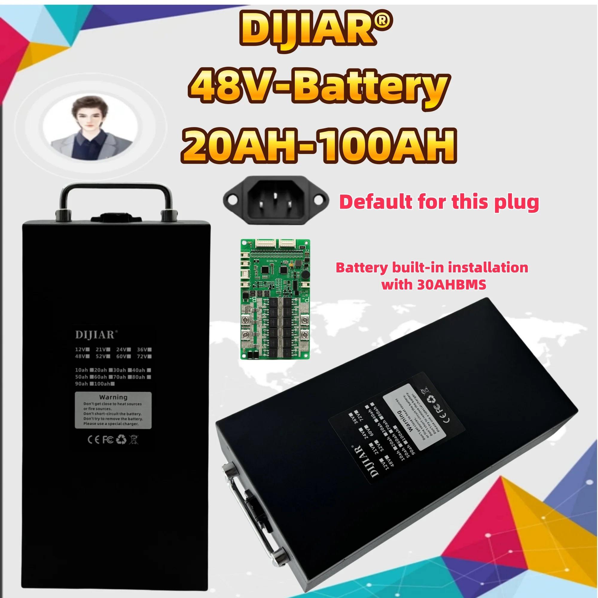 

48V18650 Lithium ion Battery 20AH-100AH New Capacity, Order, 24-hour Shipping, Detachable Universal Type, Built in BMS