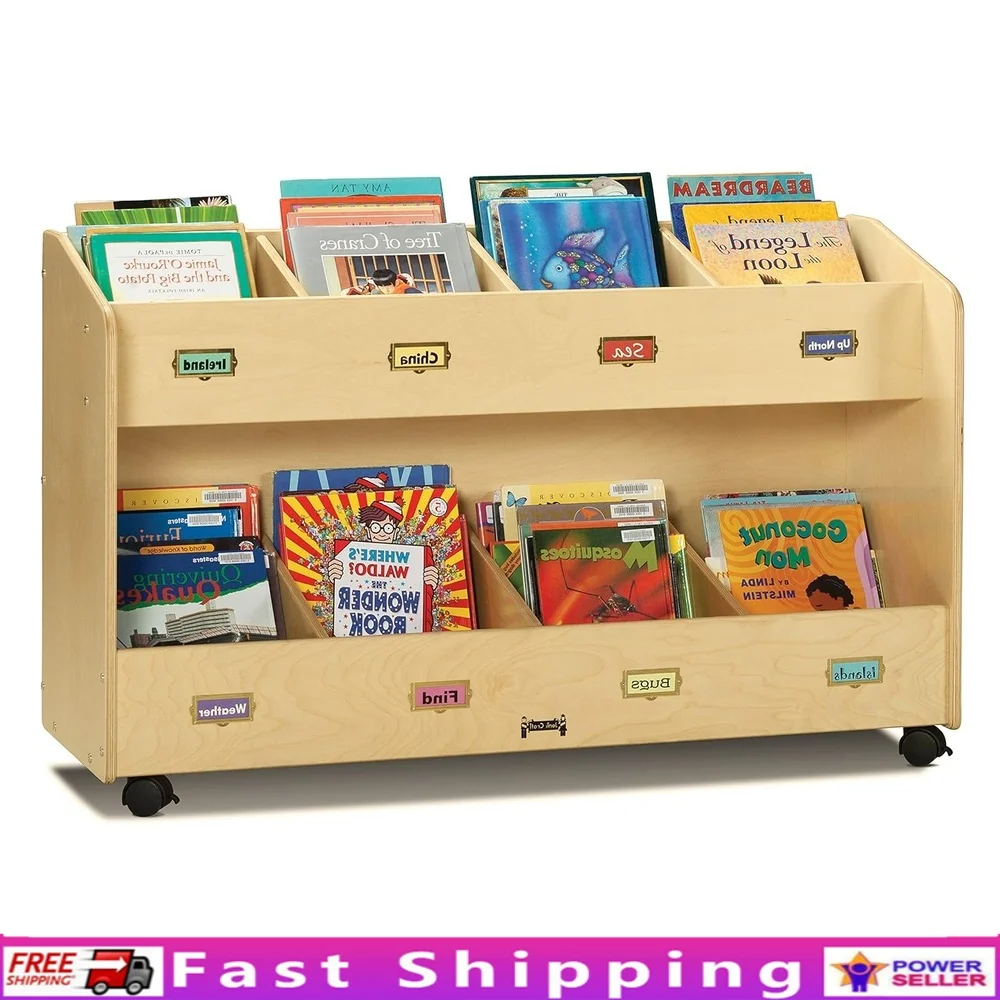 

Mobile 8-Section Book Organizer Classroom Daycare Home Kids Storage with Locking Casters Easy Assembly Durable Design