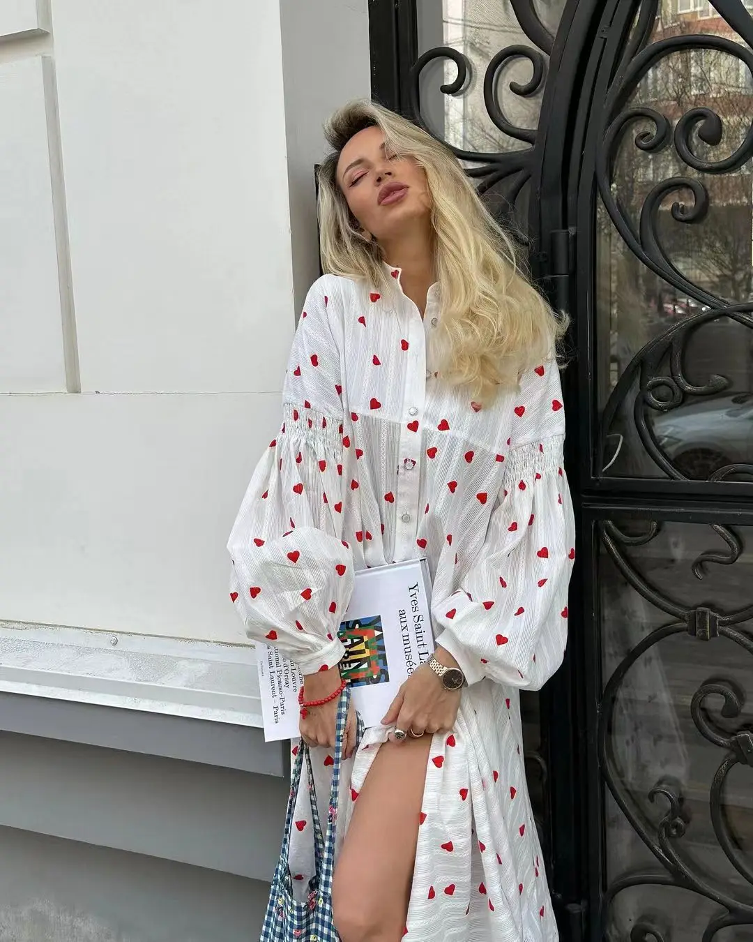 Słodki Nadruk Miłość Dr Lantern Sve Luźny Krój Patchwork ort Dr Okrągły Dekolt Długi Rękaw Sve Moda Damska Lato 2023