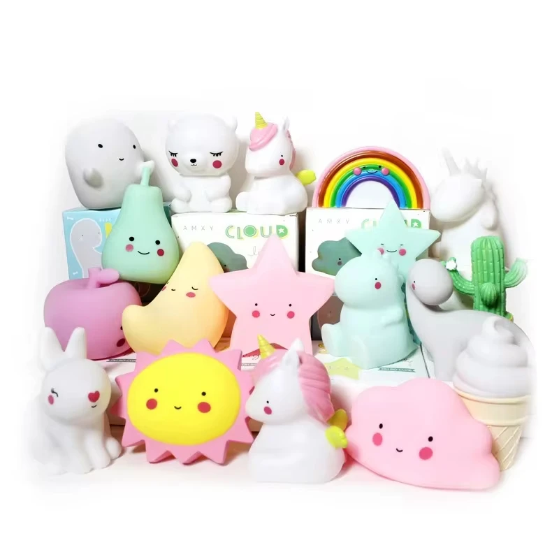 Lampu malam LED lucu, lampu tidur beruang Unicorn kelinci dinosaurus kartun hewan untuk anak-anak kamar tidur kuning biru merah muda putih