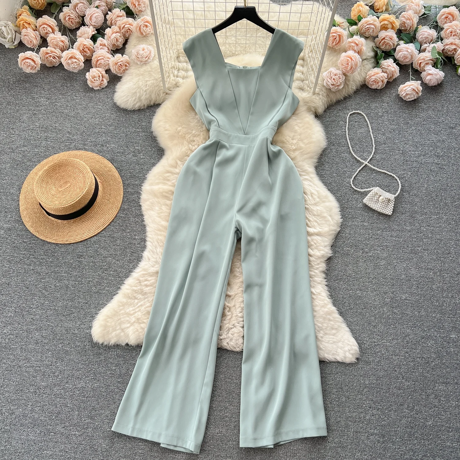 Korean Sle Square Collar One-Piece Pants High Waist Wide Leg Slimming Straight Cut Women's Suit Commute Summer 2023
