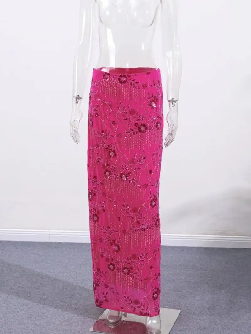 Seksowna długa spódnica z koralikami i cekinami, damska, jednolita, z niskim stanem, dopasowana, prosta, letnia, elegancka, idealna na wakacje na plaży, model JO6M