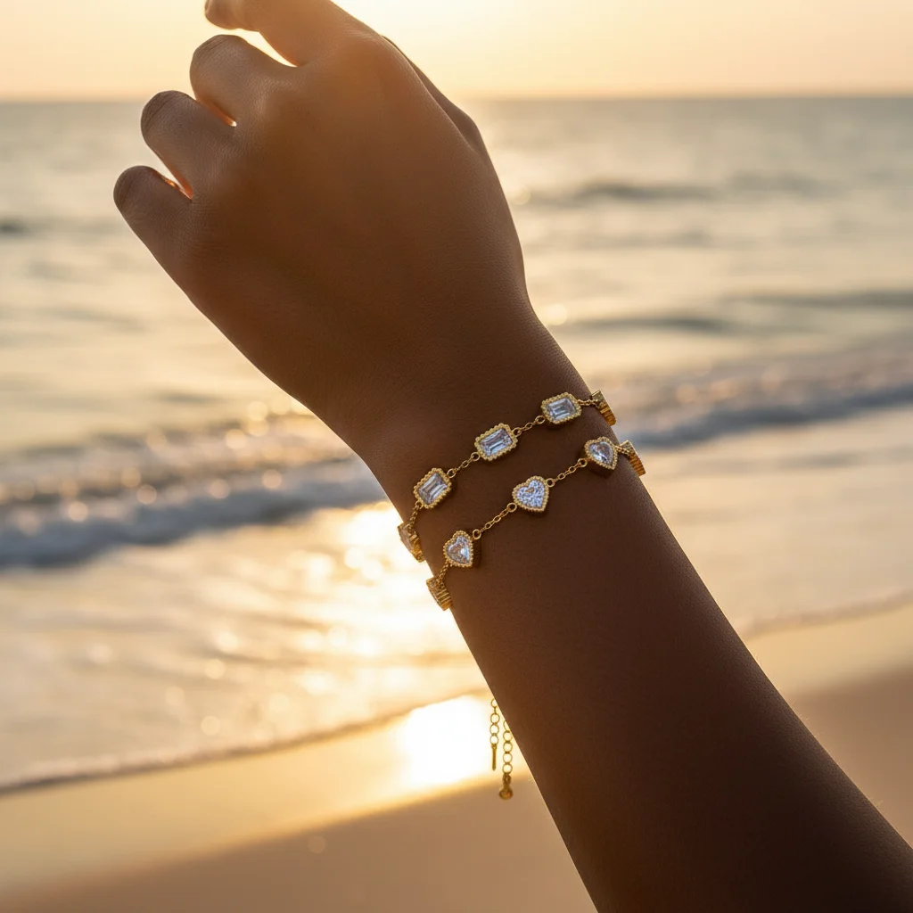 Damen Minimalistisches Herz-Zirkon-Armband 316L Edelstahl 18K Vergoldet Wasserdichtes Handgelenk-Kettenschmuck Geschenk – Detail 5