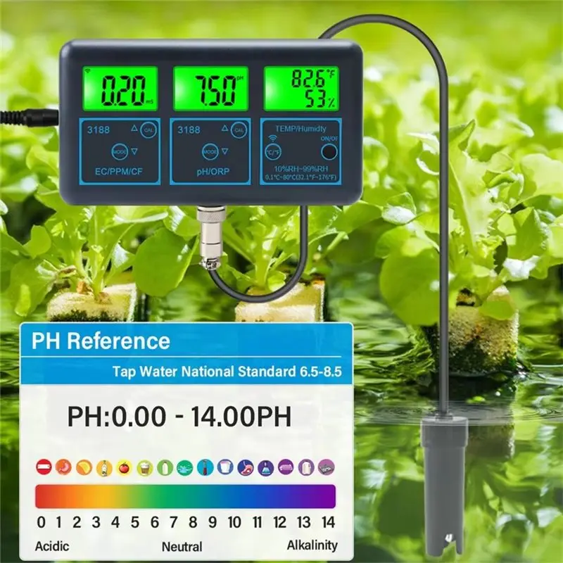 ABVJ-Tuya Wifi 7 In1 Water Quality Tester Multi-Parameter Water Analyzer PH/ORP/EC/PPM/CF/Humidity/TEMP Monitor Meter EU Plug
