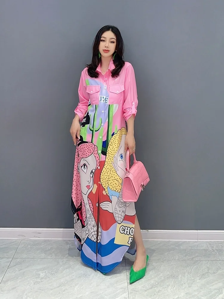 Vefadisa2024 Summer New Cartoon Women Dress Pink Casual POLO Collar Blouse Dress Personalized Irregular Long Sleeved Skirt ZY994