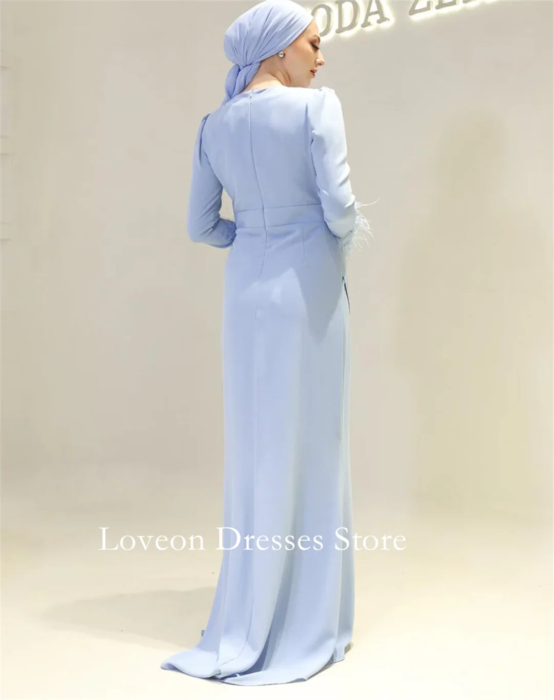 O-pescoço crepe penas vestidos de noite formais ruched sereia mangas completas estilo árabe personalizado elegante baile de formatura crescidos festa feminina