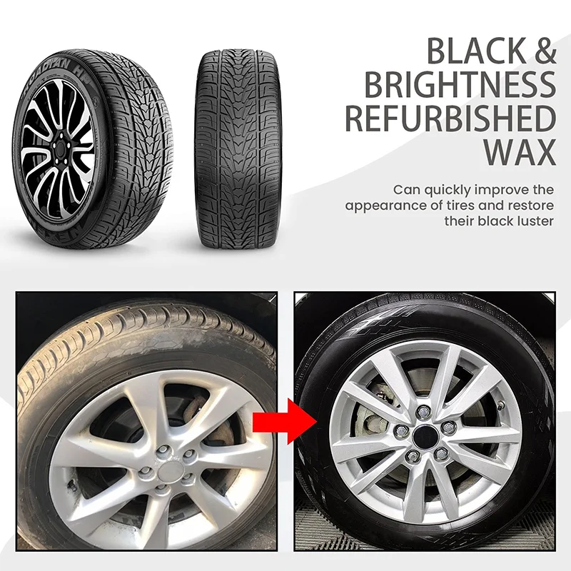 Car tire care paste, wheel rust cleaner, stain remover, retreading, shine enhancement, and tire coating. It can quickly improve