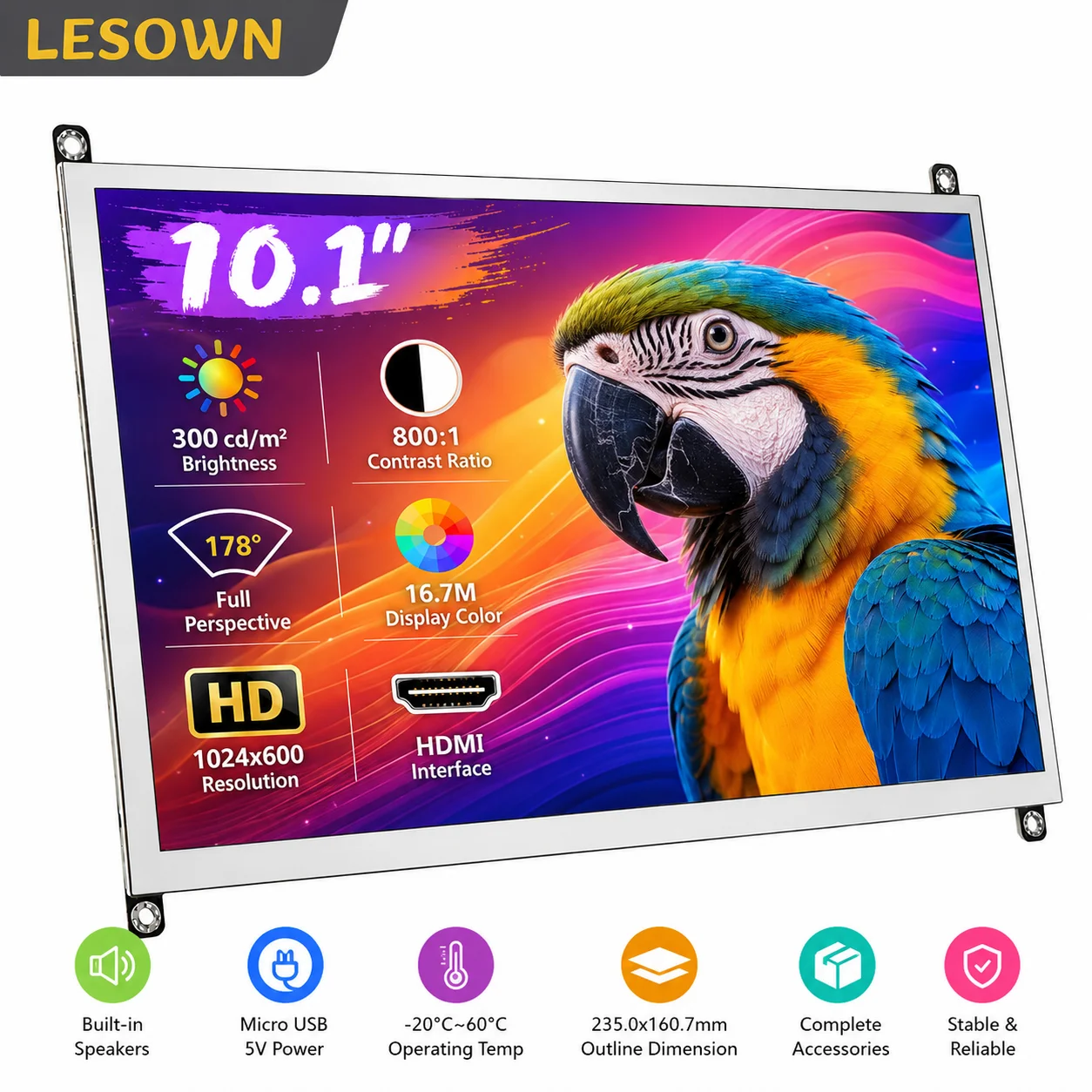 LESOWN 10.1 inch LCD Assembly HDTV with Dual Speakers Plug and Play Driver-Free for Raspberry Pi Screen