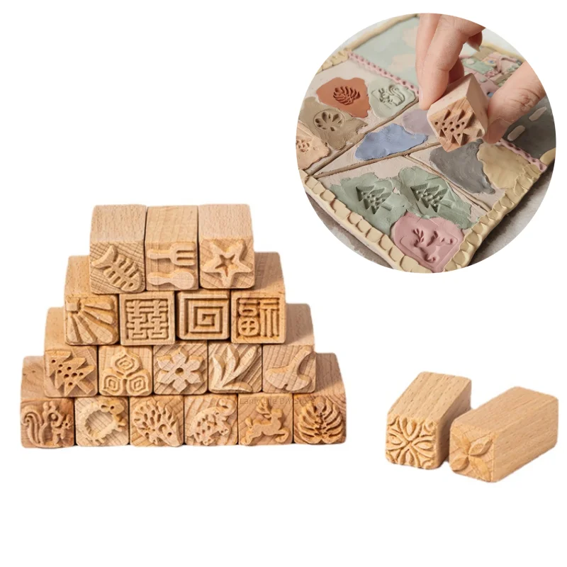 5pcs/set Pottery Seal Wooden Texture Printing Mold Solid Wood Cartoon Animal and Plant Polymer Clay Seal Rubbing Printing Tool