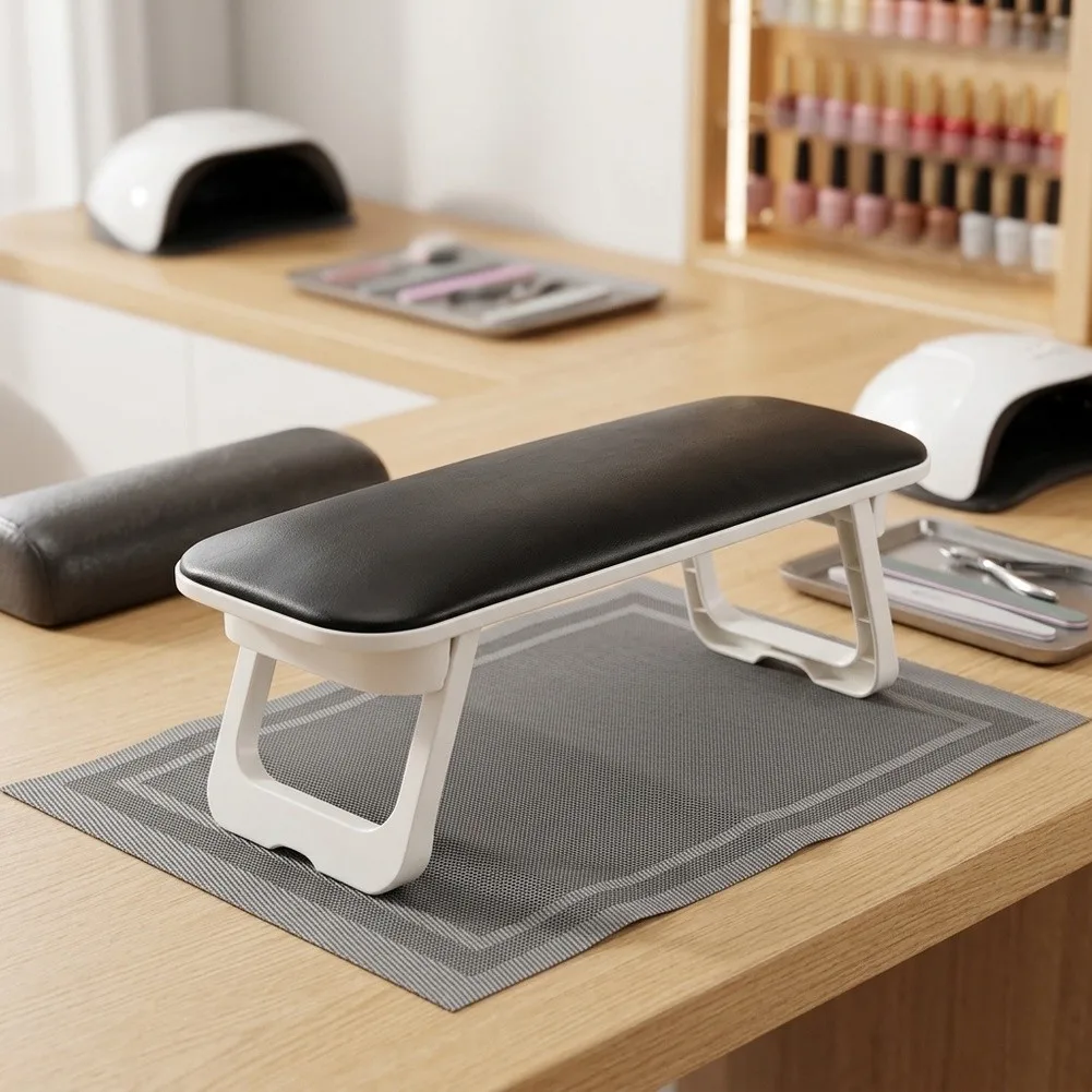 Foldable PU Leather Nail Arm Rest with Bonus Mat for Manicure Salon - Adjustable Height Hand Rest for Nail Techs