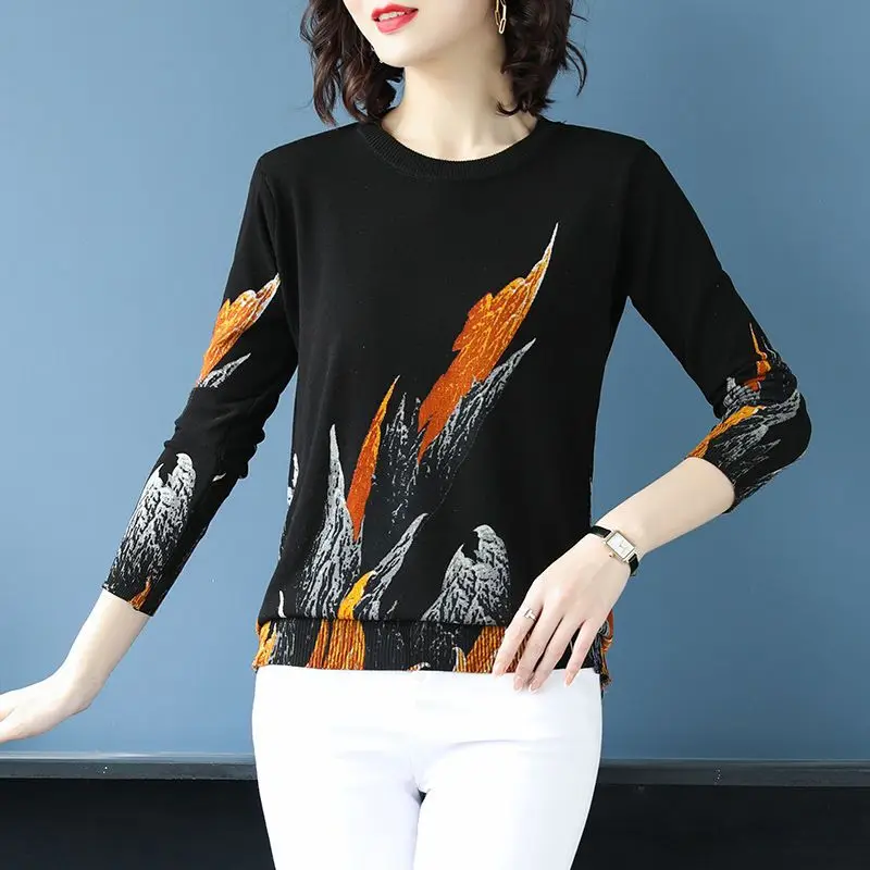 

Women Trendy Print Elegant Basic Knitted Sweater Spring Autumn Simple Casual Round Neck Long Sleeve Knitwear Pullover Tops ZT161